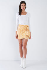 Yellow Checkered Mock Wrap Vintage Chic Mini Skirt