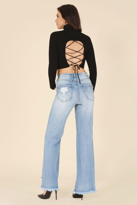 Mock neck lace up open back top