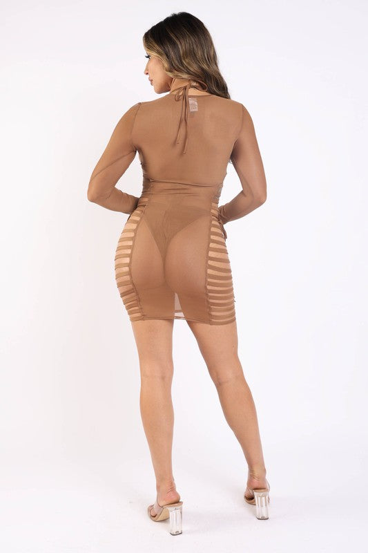 Strappy side detailed mesh cover up and bikini set